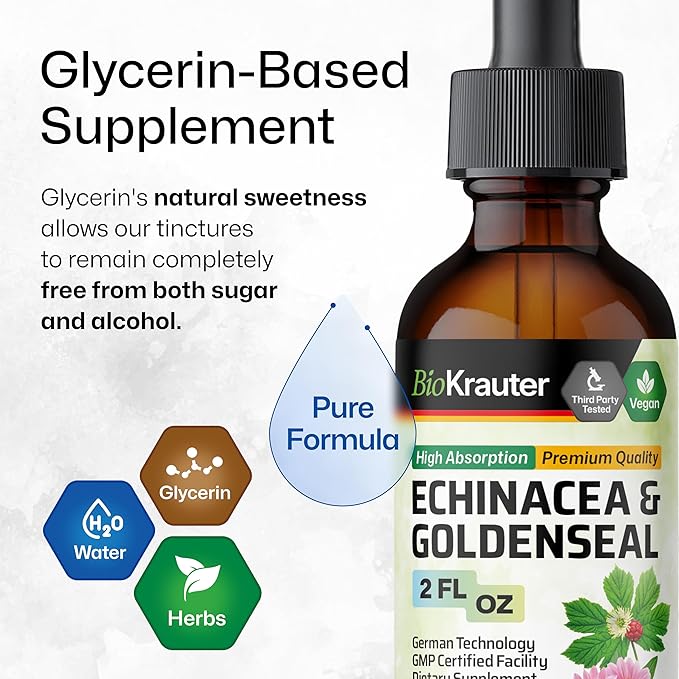 BIO KRAUTER® Echinacea Goldenseal for Immune &amp Respiratory Support - Pure Vegan Echinacea Drops with Goldenseal - Natural Respiratory Supplements 2 Fl.Oz 28-Day Supply - Alcohol &amp Sugar Free