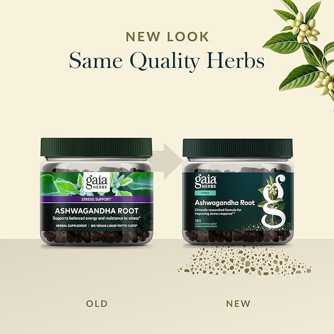 Gaia Herbs Ashwagandha Root - Stress Relief &amp Sleep Support Supplement - Supports Balanced Energy Levels &amp Positive Outlook* - 180 Vegan Liquid Phyto-Caps (90 Servings)