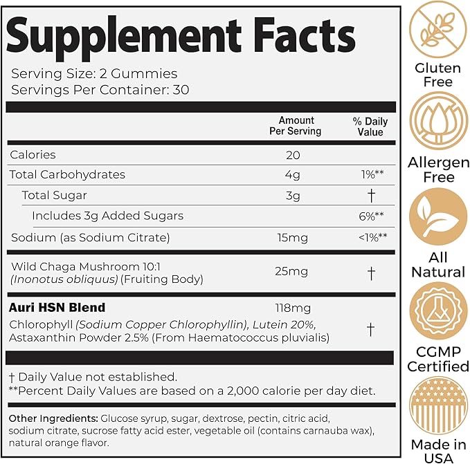 Auri Nutrition Super Mushroom HSN Gummies - Hair Skin and Nails Gummies Functional Mushrooms Supplement - with Wild Chaga Chlorophyll Lutein and Astaxanthin - 60 Orange Citrus Gummies