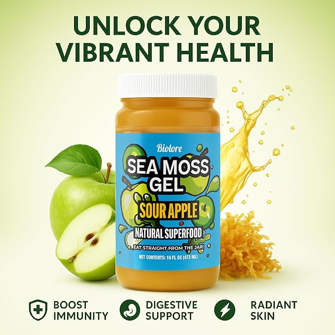 Biolore Sour Apple Sea Moss Gel 16 oz - No Added Sugar Vegan Made in USA - Wildcrafted Sea Moss Superfood with 92 Essential Vitamins - Ready to Use No Prep Needed
