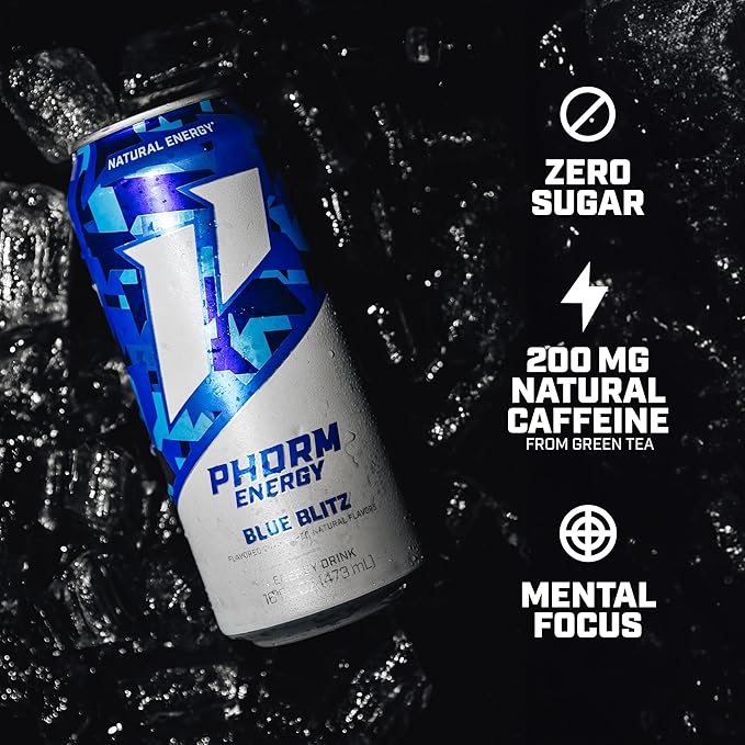 Phorm Energy Drink Blue Blitz Blue Raspberry Flavor 200 MG Natural Caffeine From Green Tea Sugar Free Carbonated Drink With Electrolytes &amp Vitamin B12 Dairy &amp Gluten Free Vegan 16 FL Oz