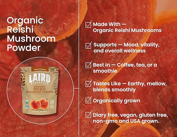 Laird Superfood Organic Reishi Mushroom Powder for Immune Support and Stress Relief 3.17 oz. Bag Pack of 1
