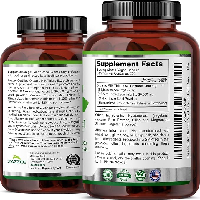 Zazzee USDA Organic Milk Thistle 50:1 Extract 80% Silymarin Flavonoids 200 Vegan Capsules 6+ Month Supply Silybum Marianum Liver Support &amp Detox Support Organic All-Natural Non-GMO Made in