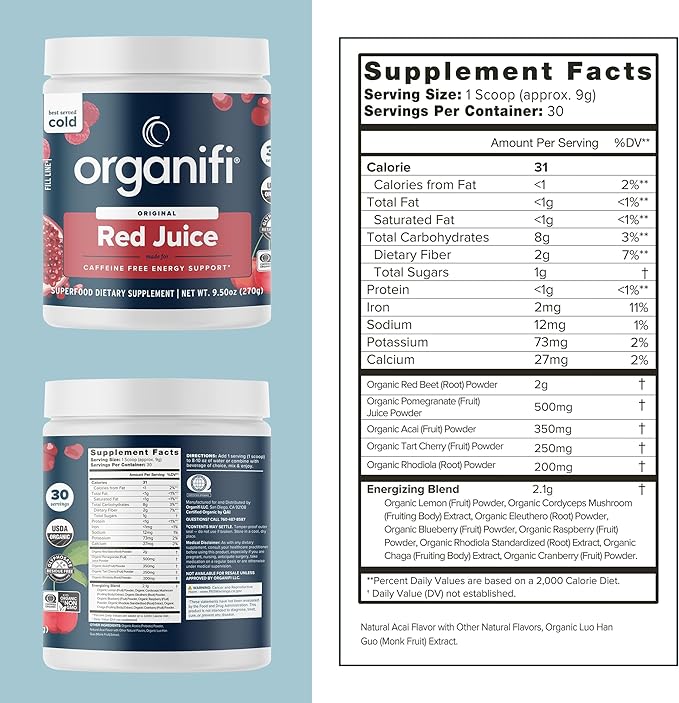 Organifi Red Juice - Energy Powder Reduces Afternoon Crashes and Boosts Digestion and Immune System 30 Servings