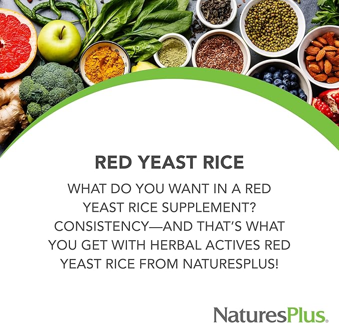 NaturesPlus Herbal Actives Red Yeast Rice 1200 mg - 60 Capsules - Non-GMO Vegan Gluten Free - 30 Servings