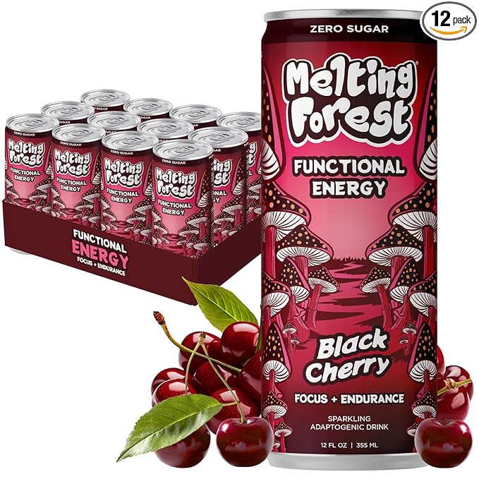 Melting Forest Mushroom Energy Drink Cordyceps &amp Lion's Mane 150mg of Caffeine Energy &amp Focus Cognitive Function &amp Mental Clarity Black Cherry (12 Pack)