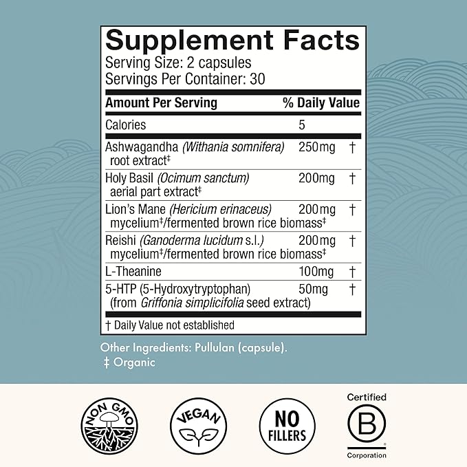 Host Defense MycoBenefits Mood* Capsules - Healthy Mind Support with Lion's Mane L-Theanine &amp Ashwagandha - Relaxing &amp Calming Supplement - 60 Capsules (30 Servings)*