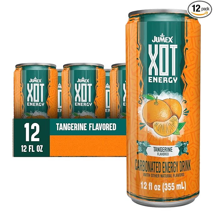 Jumex XOT Energy Drink - Tangerine - Natural Caffeine from Mexican Coffee Beans - Carbonated Preworkout with Vitamin B2 B3 B5 B12 - Mexican Drinks - Bebidas Energéticas - 12 Fl oz 12 Pack Cans