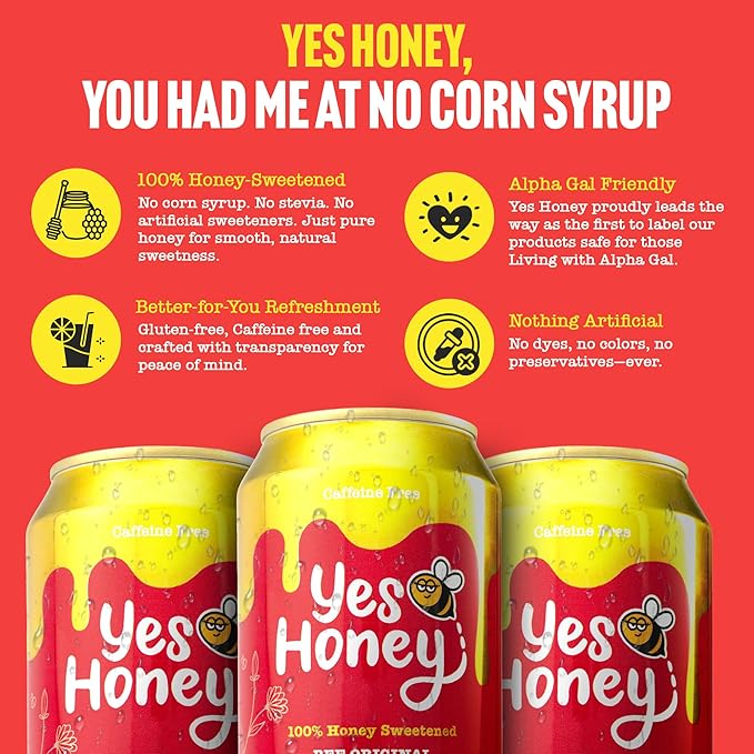 Yes Honey Soda Strawberry 11oz (12-Cans) 100% Honey-Sweetened Healthy Soda Alpha Gal Friendly Gluten Free Caffeine Free No Added Sugar