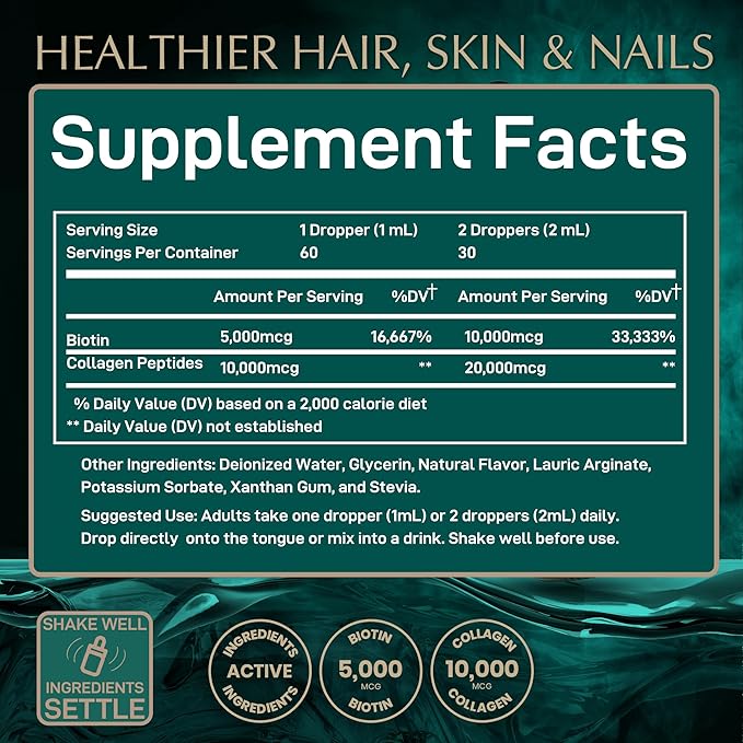 WILD FUEL Liquid Collagen Peptides with Biotin Vitamins for Hair Skin and Nails - 30000mcg Biotin and Collagen Liquid for Women and Men - Lemon Flavor up to 2-Month - 2 oz