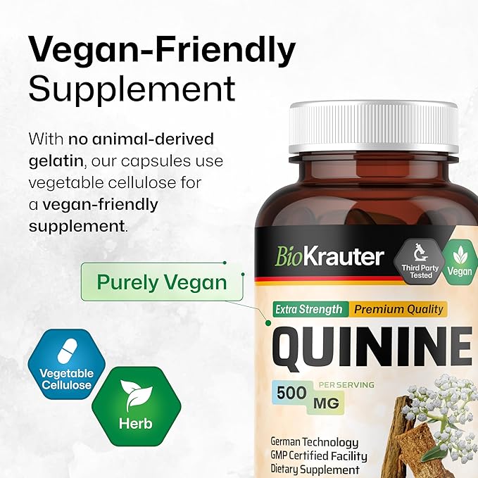 BIO KRAUTER Quinine for Leg Cramps Capsules 500 mg - 100 Count - Cinchona Bark Powder - Quinine Capsules - Vegan No Fillers
