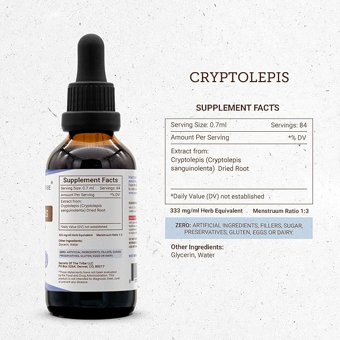Secrets of the Tribe Cryptolepis Tincture Alcohol-Free Extract High-Potency Herbal Drops Tincture Made from Wildcrafted Cryptolepis Sanguinolenta 2 oz