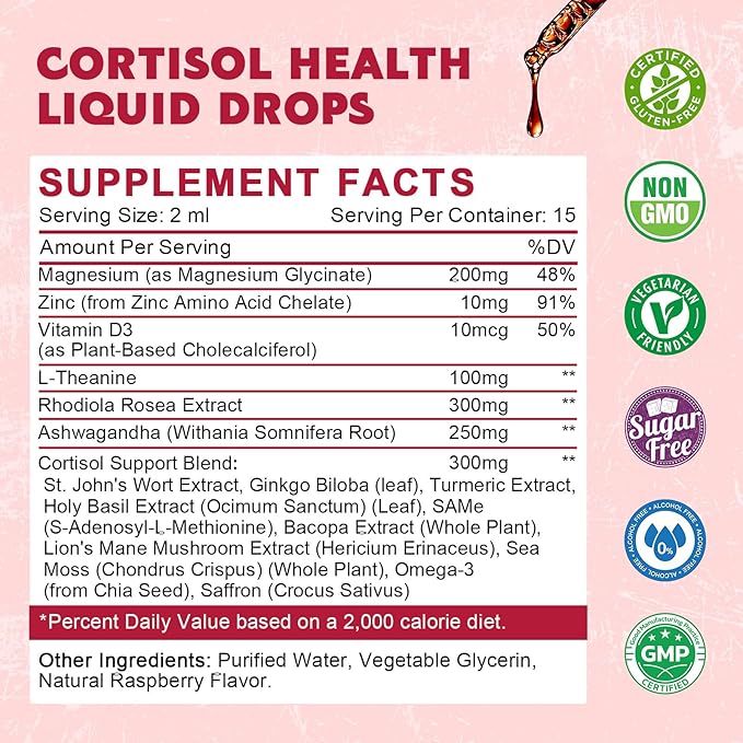(4 Pack) Cortisol Liquid Drops for Women - Balanced Cortisol Hormone Balance Support Cortisol Supplements for Women with Magnesium Complex Rhodiola Rosea Ashwagandha Sugar-Free 1 Fl Oz