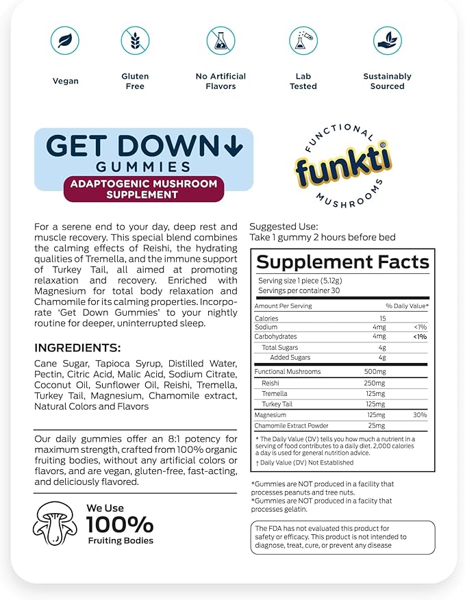 Mushroom Sleep Gummies Melatonin-Free Restful Sleep &amp Stress Relief Support with Reishi Tremella Turkey Tail Magnesium Chamomile Get Down Gummies - 30 Servings