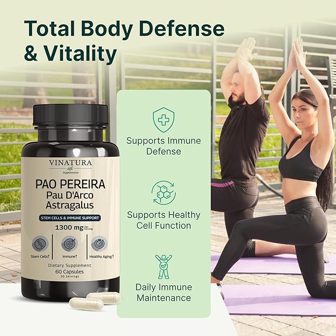VINATURA Pao Pereira + PAU D'Arco Astragalus - 1300MG Serving USA Made &amp Tested Stem Cells and Immune Support 60 Capsules