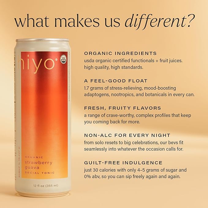 Hiyo Organic Social Tonic - Strawberry Guava 12 Pack - N.A. Functional Seltzer Sparkling Water Crafted with Organic Adaptogens Nootropics &amp Botanicals