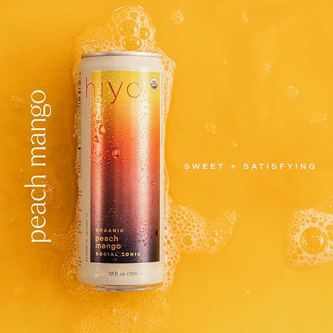 Hiyo Organic Social Tonic - Peach Mango 12 Pack - N.A. Functional Seltzer Sparkling Water Crafted with Organic Adaptogens Nootropics &amp Botanicals