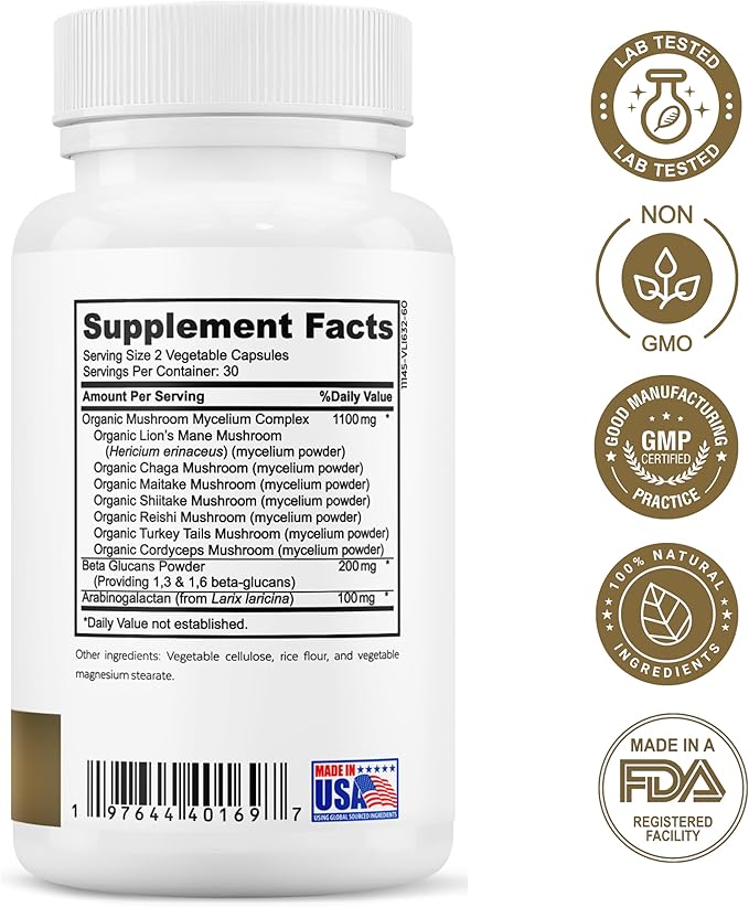 Organic Mushroom Complex - 7 Mushroom Supplement - Immune Support Nootropic &amp Adaptogenic Supplement with Lion's Mane Chaga Maitake Shiitake Reishi Turkey Tails Cordyceps Capsules