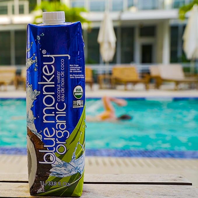 Blue Monkey Organic Coconut Water - 100% Pure Coconut Water from Vietnam - No Sugar Added - USDA Organic Non-GMO Kosher Halal Shelf Stable - Refreshing Hydration Drink - 33.8oz (1L) 12-Pack