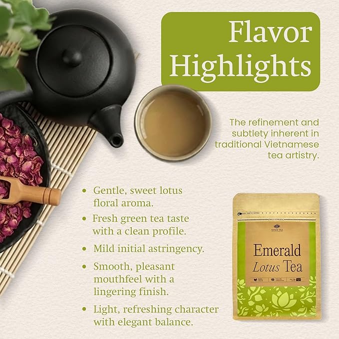 ANNHI TEA Emerald Lotus Tea - 24 Tea Bags Loose Leaf Gentle Sweet &amp Floral Lotus Fragrance Natural Vietnamese Herbal Tea Pack Calming &amp Aromatic Infusion