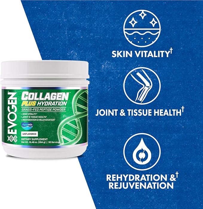 Evogen Collagen Plus Hydration - Grass-Fed Collagen for Women &amp Men | Collagen Peptides Powder | Collagen Powder Supporting Skin Vitality Hydration Joint &amp Tissue Health | Unflavored | 30 Se