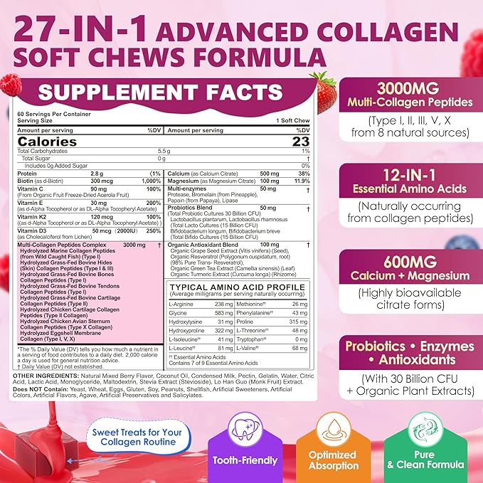 Collagen Gummies + Biotin Soft Chews 3000mg for Women &amp Men Ultra Hydrolyzed Collagen Peptides Boosting Type IIIIIIVX Vitamin C E Anti-Aging Formula for Hair Skin &amp Nails DigestionB