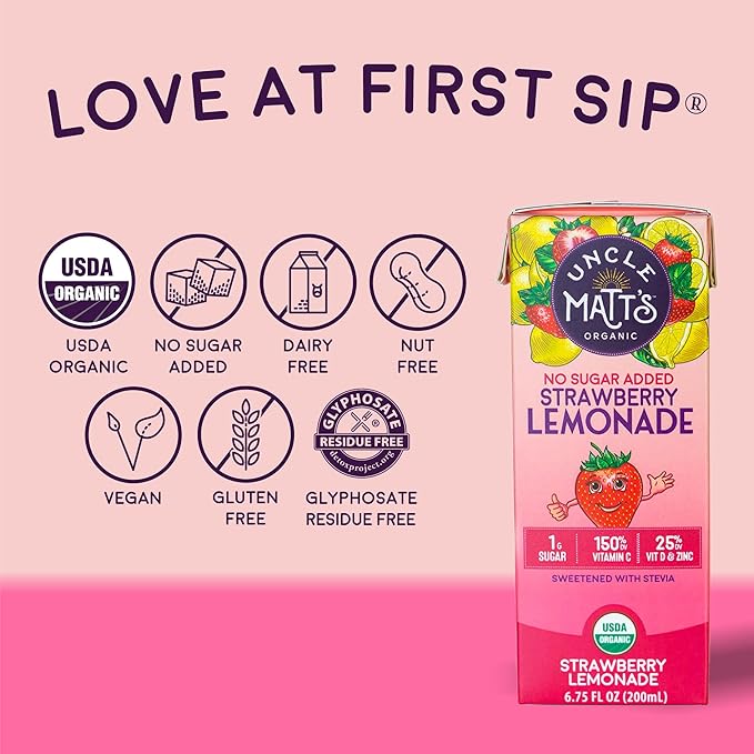 Uncle Matt’s Organic Juice Boxes – 32 Pack No Sugar Added Strawberry Lemonade USDA Organic Only 10 Calories with Vitamin C D &amp Zinc Kid-Friendly Juice Drinks
