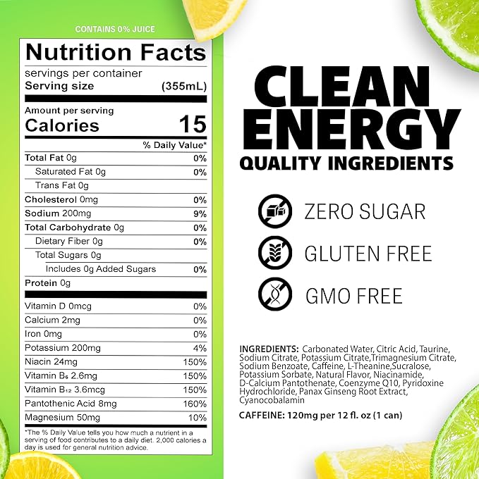 Liquid Ice Energy Drink - Zero Sugar With Electrolytes For Hydration Natural Caffeine 120mg Caffeine L- Theanine Antioxidant Support Clean Focused Energy with Green Tea Extract COQ10 Citrus Li