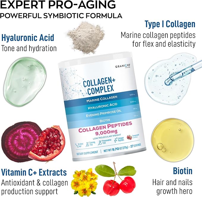 Marine Collagen Powder Supplement - Type I Hydrolyzed Marine Collagen Peptides Protein Biotin Hyaluronic Acid Vitamin C Vital Antioxidants - Skin Supplements for Women - Pomegranate 9.7oz