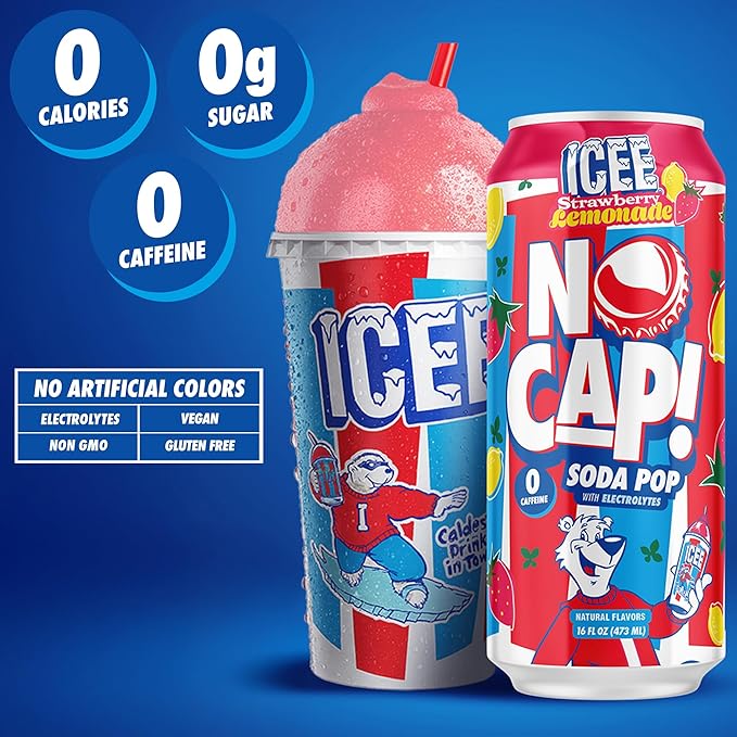 NO CAP! Next Gen Soda Pop Strawberry Lemonade with Electrolytes for Hydration Zero Sugar Zero Calories Caffeine-Free Soda Vegan &amp Gluten-Free 16 oz Cans (12-Pack)