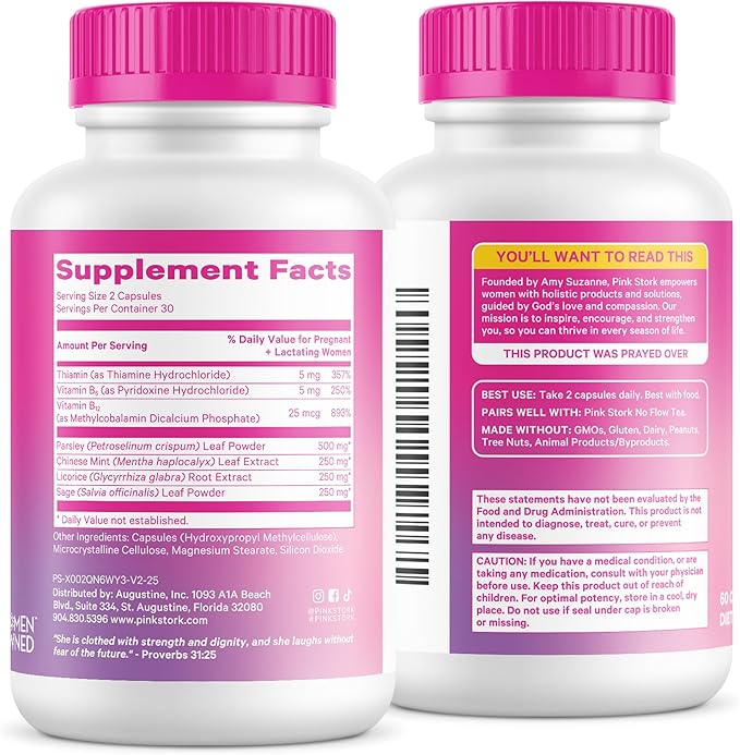 Pink Stork No Flow: Dry Up Breast Milk Supply with Sage Parsley and B Vitamins Postpartum Essentials for Women to Stop Breastfeeding and Decrease Milk Production 60 Capsules