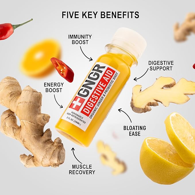 +GNGR Digestive Aid – Organic Ginger Shot with Turmeric &amp Black Pepper. High-Absorption Curcumin with Probiotics for Immune Digestive &amp Gut Health. Cold-Pressed Ginger Shots. 2 fl oz Bottles
