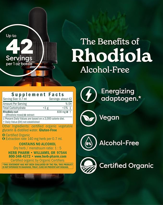 Herb Pharm Certified Organic Rhodiola Root Extract for Energy Endurance and Stamina Alcohol-Free Glycerite 1 Ounce