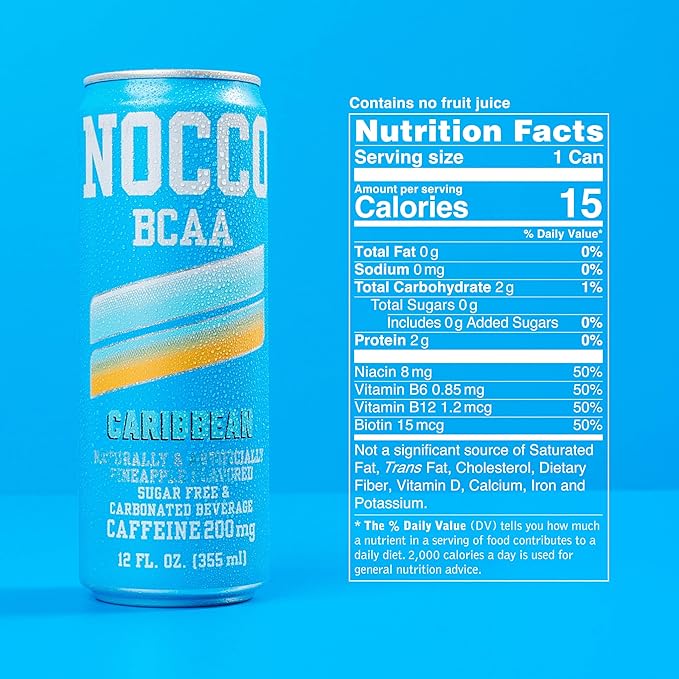 NOCCO Zero Sugar Energy Drink Caribbean - 12 Fl Oz (Pack of 12) - 180mg Caffeine Sugar Free with BCAAs - Branched Chain Amino Acids Carbonated &amp Low Cal B Vitamins Grab &amp Go Performance B