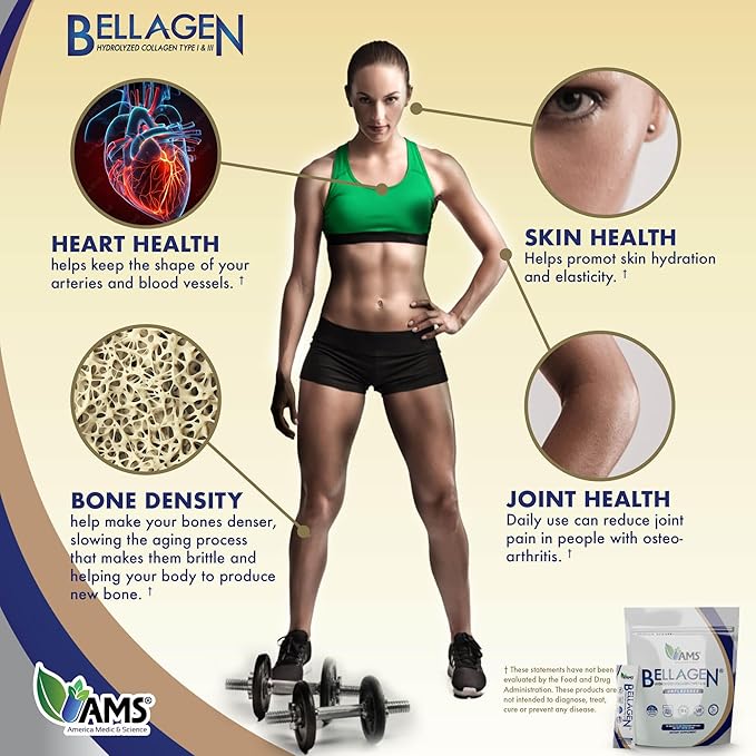 America Medic &amp Science Bellagen Collagen Peptides – 20 Single Serving Sticks for Skin Hair Nail &amp Joint Support – Hydrolyzed Grass-Fed Gluten-Free Non-GMO