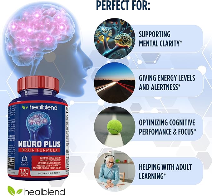 Neuro Plus Brain &amp Focus Formula - Nootropic Brain Booster Supplement Supports Brain Health Mental Clarity &amp Focus - Enhances Concentration &amp Mental Energy – 120 Capsules (1)