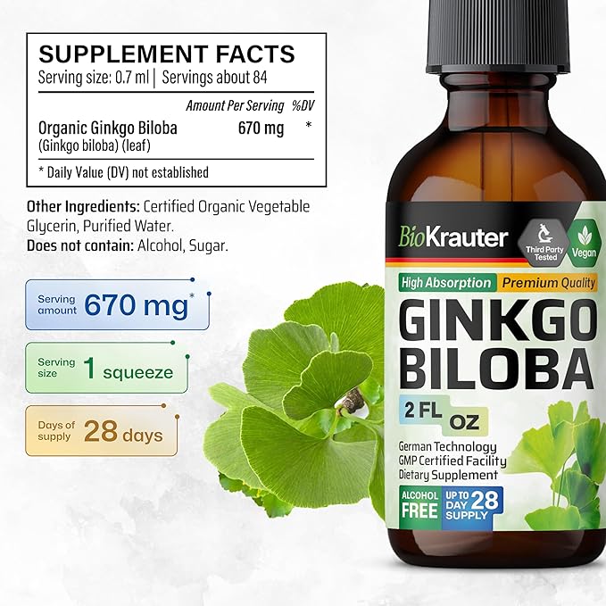 BIO KRAUTER® Ginkgo Biloba for Brain Support - Pure Vegan Ginkgo Biloba Supplement 670 mg - Supports Calm Focus &amp Memory - Alcohol &amp Sugar Free 2 Fl.Oz 28-Day Supply Liquid Drops for Brain