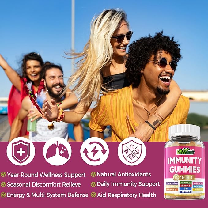 10 in 1 Immune Support Supplement Gummies w/Echinacea Elderberry Vitamin C and Zinc Selenium Vitamin D3 5000IU Magnesium Daily Immune Booster Multivitamin for Antioxidant Bone Energy 2 Pack