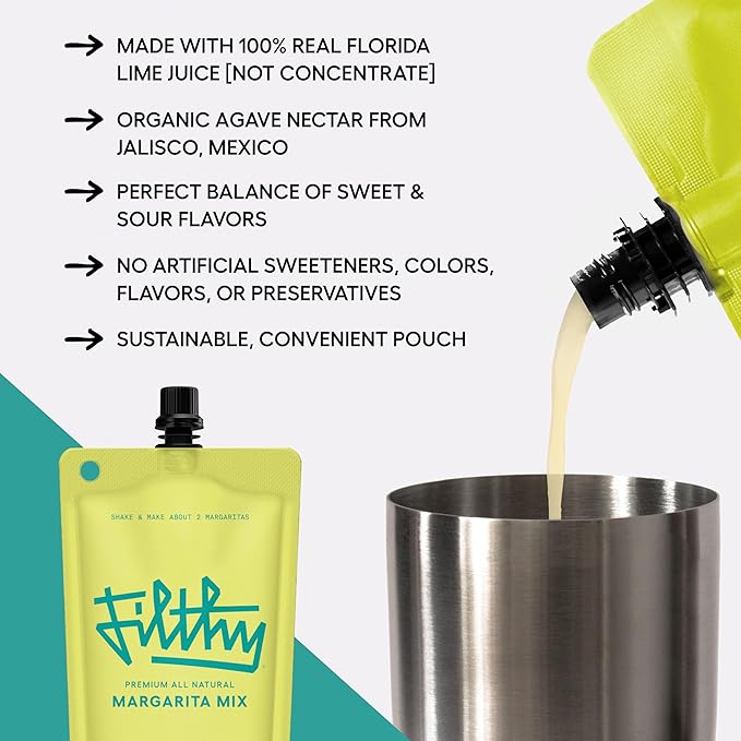 Filthy Margarita Mix Premium Cocktail Mixer All-Natural Non-GMO Vegan &amp Gluten-Free Made with 100% Fresh Florida Lime Juice and Organic Agave Nectar from Jalisco Mexico 8 Oz Pouch 6 Pack