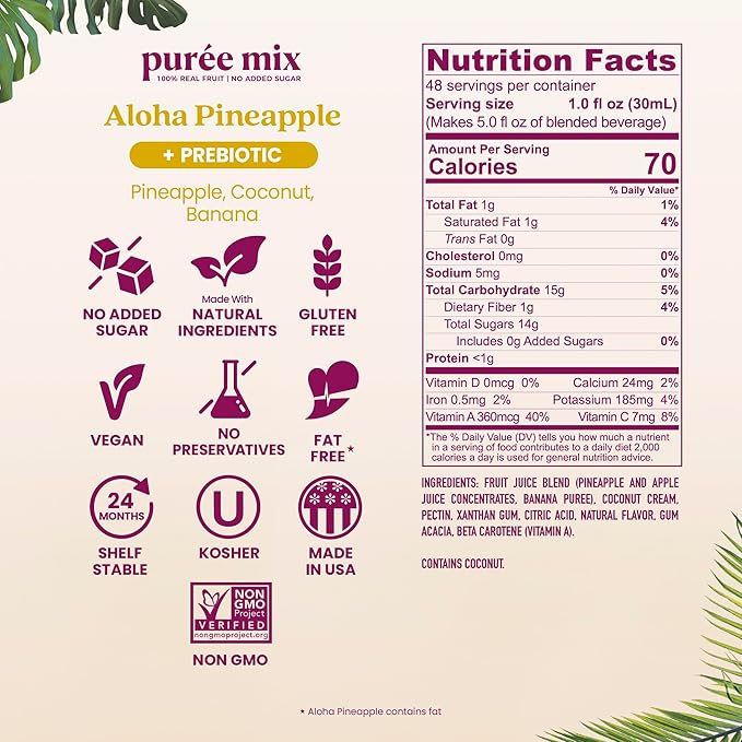 Smartfruit Aloha Pineapple + Prebiotic – 100% Real Fruit Purée with Pineapple Banana Apple &amp Coconut – Great for Smoothies Juice Yogurt Cocktails Teas – High in Vitamin A – 2-Pk 48oz Each