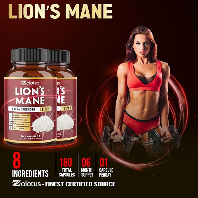 Zolotus 2 Packs 90 Capsules Lions Mane Mushroom Supplement 6 Month Supply with Cordeyceps Reishi Ashwagandha Focus Memory and Brain Support Supplement Immune Support Energy Pills