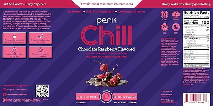Perk Chill Drink Mix (Chocolate Raspberry) 18 Servings – Calming Melatonin-Free Nighttime Sleep Aid Support with Magnesium &amp L-Glycine Soy-Free Peanut-Free Gluten-Free