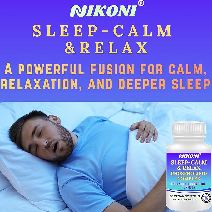Nikoni Sleep‑Calm‑Relax – Phospholipid Complex with Melatonin L‑Theanine 5‑HTP &amp Herbal Extracts-60 Vegan Softgels
