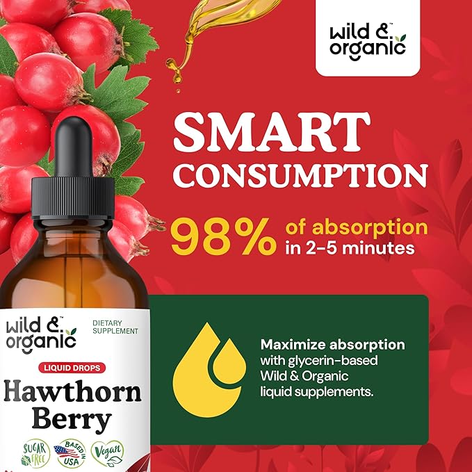 Wild &amp Organic Hawthorn Berry Tincture 600 mg - Liquid Hawthorne Berry Supplement for Overall Support - Vegan Sugar &amp Alcohol-Free Fruit Extract Drops - 4 fl oz