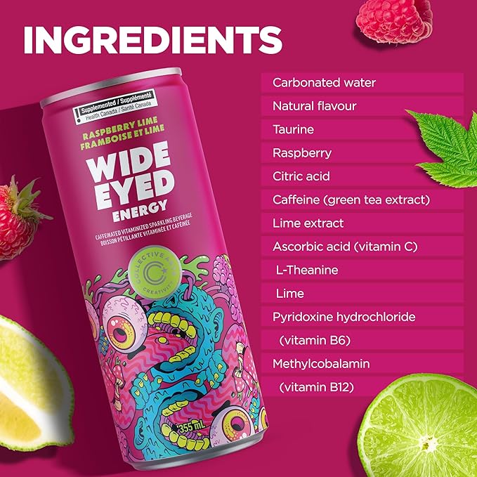 Collective Arts Wide Eyed Energy Drinks | Naturally-Flavored Caffeinated Vitaminized Sparkling Beverage With Fruit Extracts | Raspberry Lime MAX | Pack of 12 | 12 fl oz.(355ml)