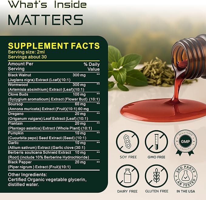 para Defense Digestive Cleanse &amp Detox | Wormwood Black Walnut Cleanse for Humans Drops Liquid Soursop Garlic Pumpkin Seed PAU D'Arco Oil of Oregano Turmeric Berberine Neem Extract Hull Bark Tinct