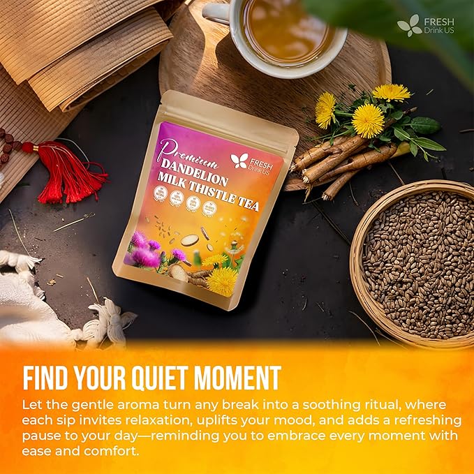 FreshDrinkUS Premium Dandelion Milk Thistle Herbal Tea | 135 Tea Bags | Herbal Blend with Dandelion Root &amp Milk Thistle Seed – Clean Plant-Based Daily Tea Naturally Caffeine Free. Sugar Free. Ve