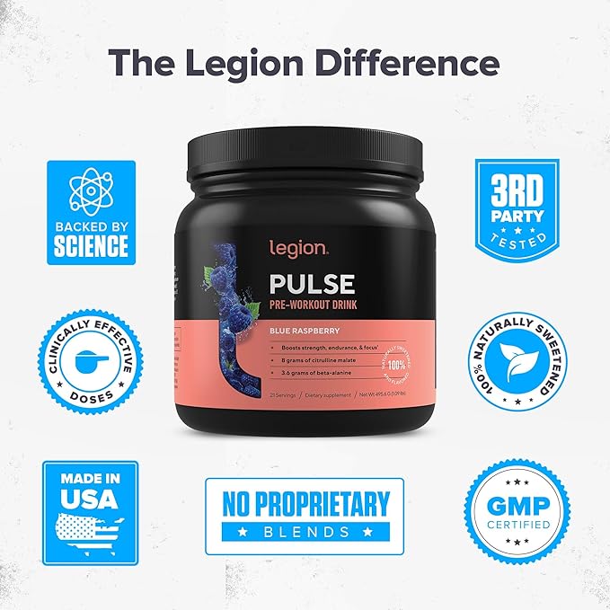 LEGION Pulse Pre Workout - All Natural Nitric Oxide Preworkout Drink to Boost Energy Creatine Free Naturally Sweetened Beta Alanine Citrulline Alpha GPC (Blue Raspberry)