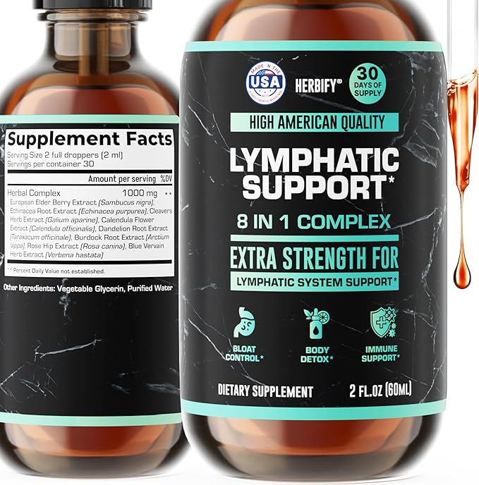 HERBIFY Lymphatic Drainage Drops for Liver Detox &amp Immune Support - Lymph System Support Drops - Detox Cleanse - 60 Days Supply - 2 Fl Oz Made in USA
