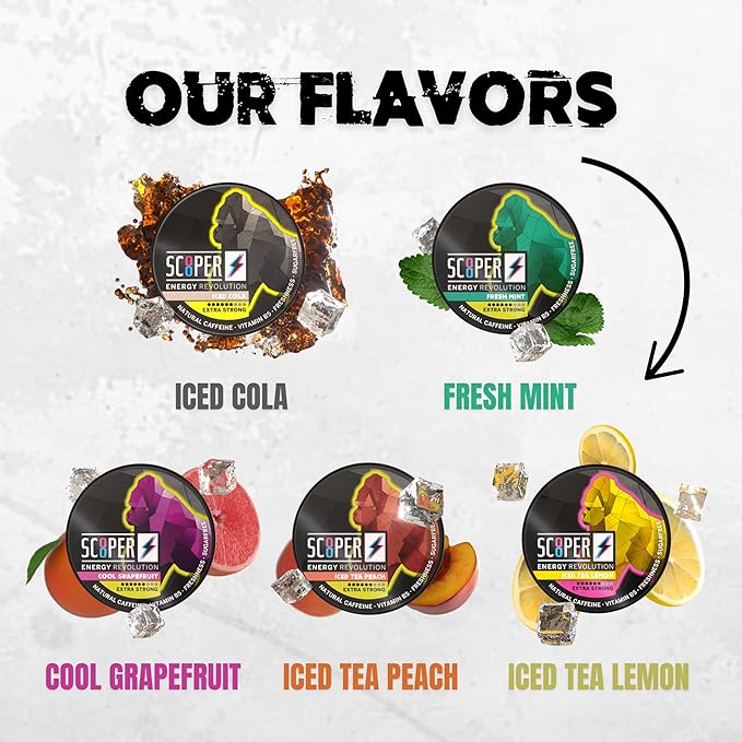 Scooper Energy I 4 cans I Mixed Box I Energy Pouches Sugarfree I 80 mg Natural Caffeine All Flavour Pack I 12 Pouches I Cool Grapefruit Fresh Mint Iced Peach &amp Lemon Tea
